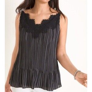 Chico's Tank Top Sz 1 8/10 Convertible Striped Pleated Lace-Detail Black Flounce